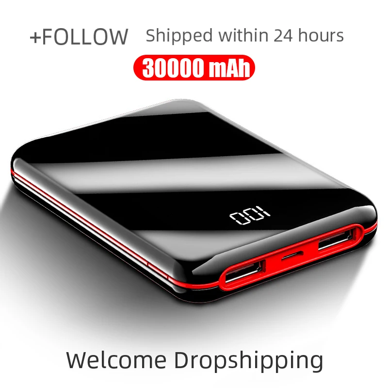 Xiaomi power Bank 30000 мАч, Аксессуары для мобильных телефонов, полноэкранный мини внешний аккумулятор, USB портативное зарядное устройство для IPhone, внешний аккумулятор - Цвет: Black Red 30000