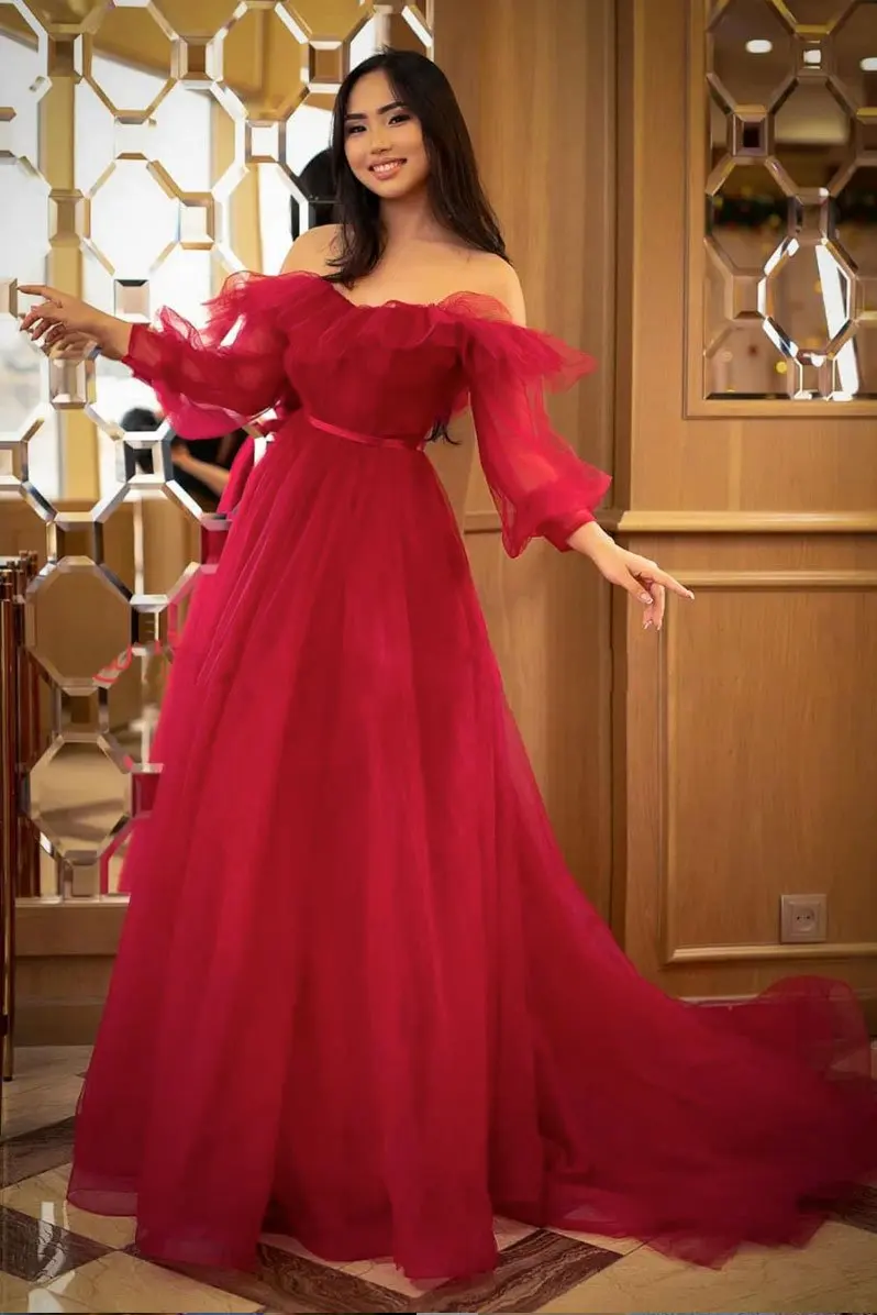 Red Tulle Off Shoulder Prom Dresses 