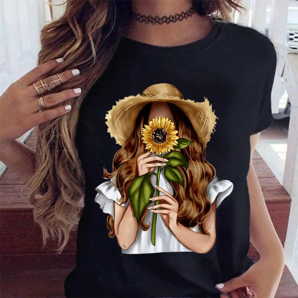 Mode Frauen T Shirt Sonnenblumen Mädchen Gedruckt T Shirt Casual Schwarz Tops 90s Damen Mädchen T Shirt Weibliche Harajuku Grafik t-shirt