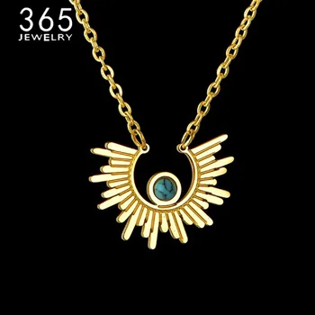 

New Fashion Necklace Jewellery Stainless Steel Pendant Golden Sunflower Grenn Stone Necklace Party Gift For Girls Women