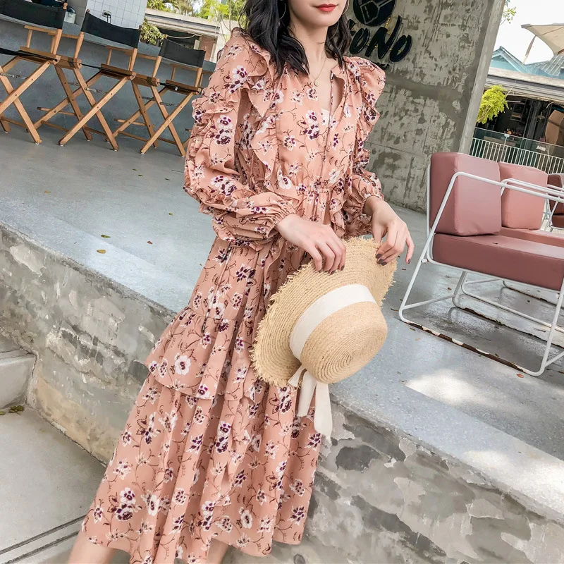 New style super fairy leisure seaside holiday retro Chiffon floral print two piece Long Sleeve Ruffle Dress | Женская одежда