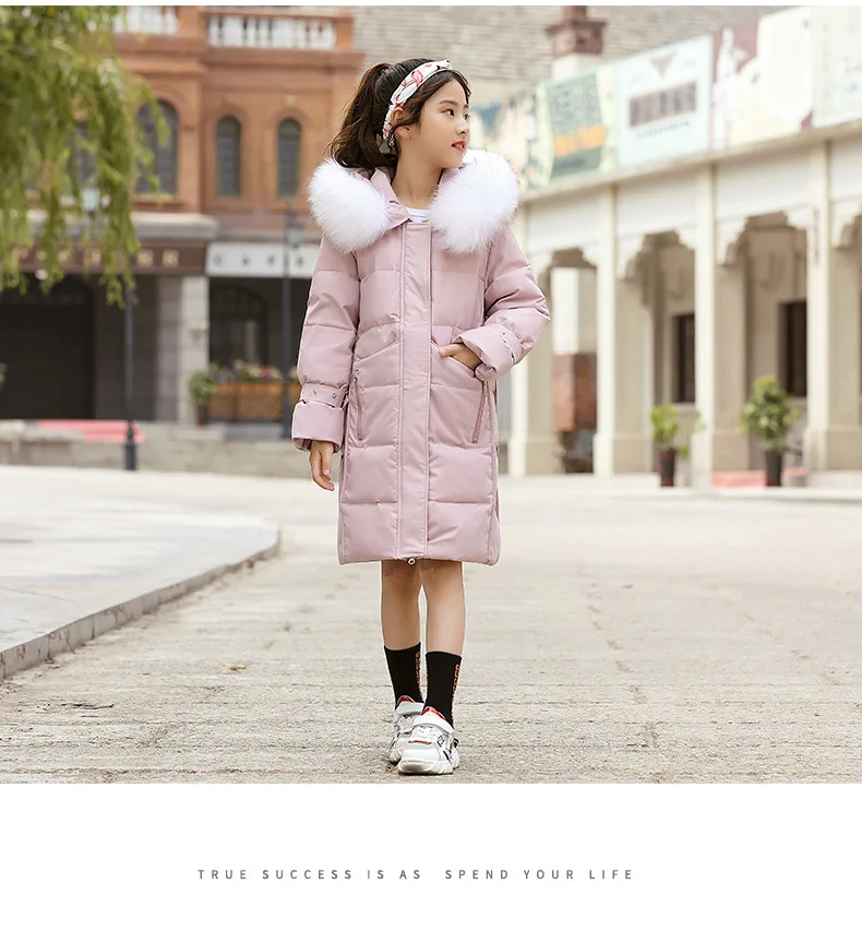 Новая зимняя детская куртка-пуховик для детей от 6 до 14 лет теплое вельветовое пальто с большим шерстяным воротником и белой уткой для девочек, однотонное детское зимнее пальто