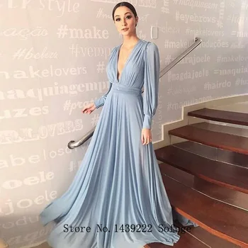 

Light Blue Elagant Chiffon Evening Dresses Long Sleeves Lady Formal Gown Vestidos De Fiesta Robe De Soiree Plus Size