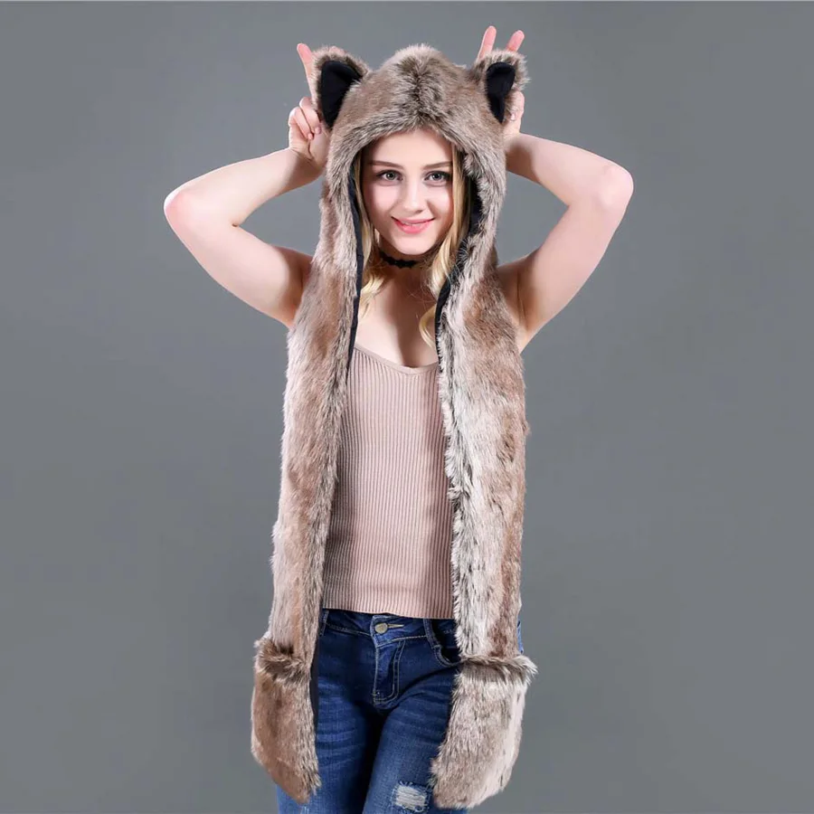 khaki wolf Модная зимняя шапка с ушками животных, шапка из искусственного меха, пояс, шарф и комплект перчаток для мужчин и женщин, капюшон волка тигра, шапка-бомбер, шапки, Рождественский подарок - Цвет: khaki wolf