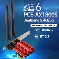 Adaptateur réseau sans fil PCIe Wi fi 6 1800Mbps, double bande 2.4G/5GHz, carte réseau 802.11AX compatible Bluetooth 5.2 pour PC Win 10 11 