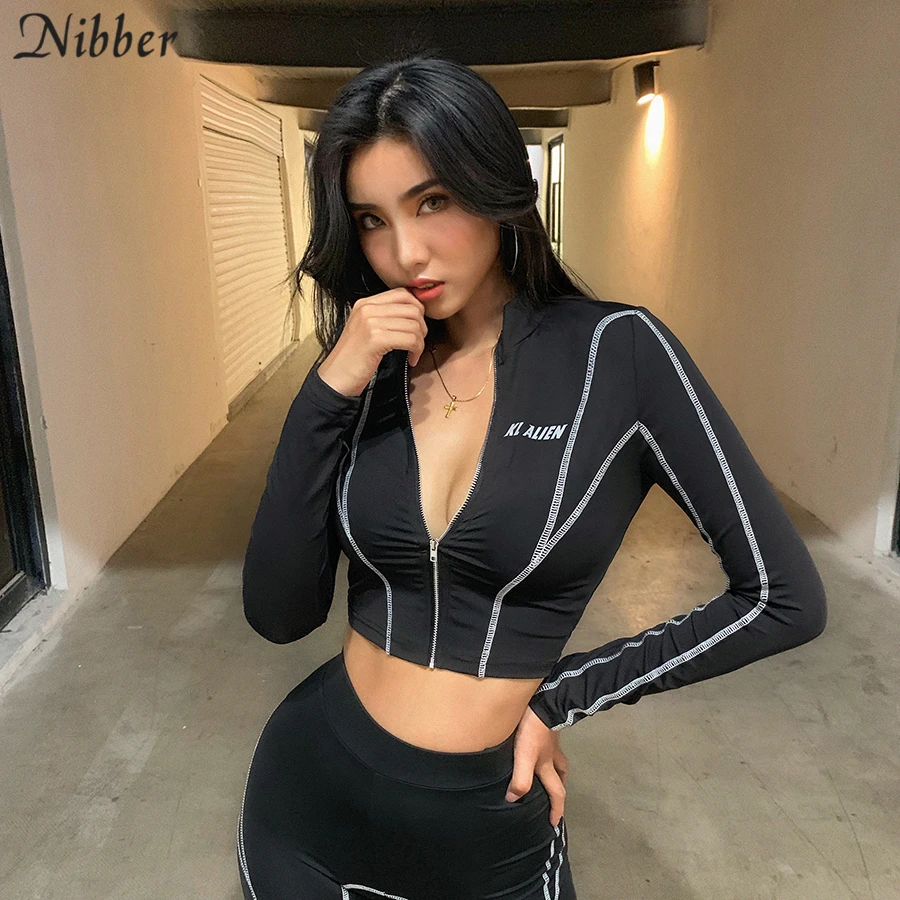 NIBBER, осенние черные полосатые укороченные топы, леггинсы, 2 предмета в комплекте, женские Стрейчевые повседневные спортивные костюмы, спортивные костюмы для активного бега