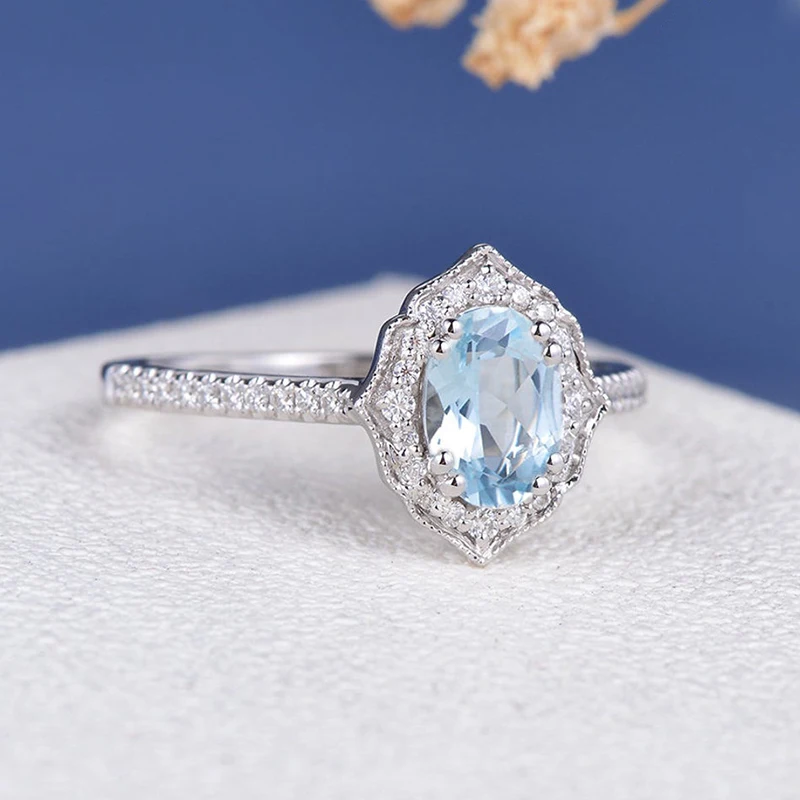 CxsJeremy Aquamarine Oval Cut 5*7mm Moissanite Engagement Ring 14K Au585 White Gold Halo Wedding Band Milgrain Anniversary Gift - Image 3