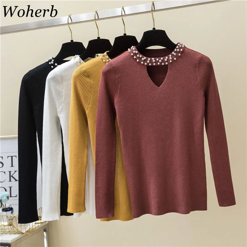 

Woherb 2019 Casual Knitting Sweater Women Hollow Out Beading Jumper Ladies Top Slim Elastic Basic Pullover Pull Femme 20096