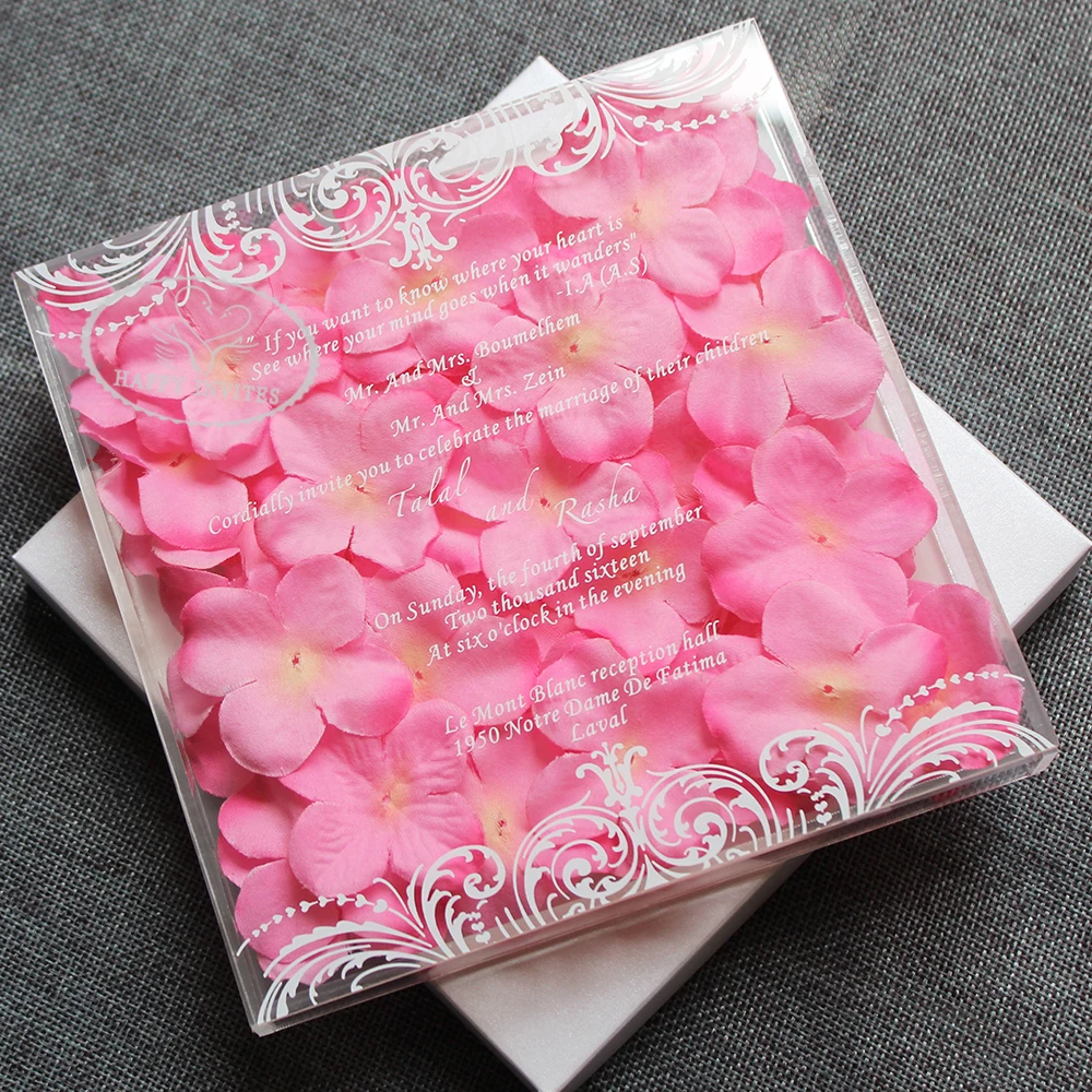 HI4081-03 Fantastic Clear Acrylic Box Invitation with Pink Flowers Decorations with White Writing Factory Price Made in China