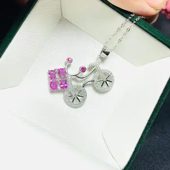 

New natural pink gemstone pendant 925 silver necklace women's romantic bicycle style