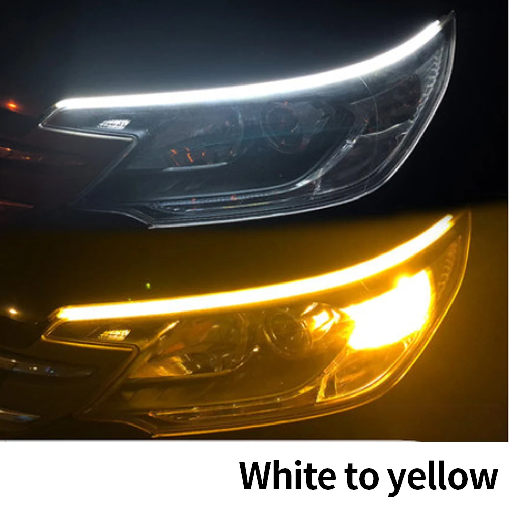 2 tiras de luces LED DRL para coche, impermeables, flexibles, RGB, para faros delanteros automáticos, secuencia amarilla, señal de giro con DRL de 12 V