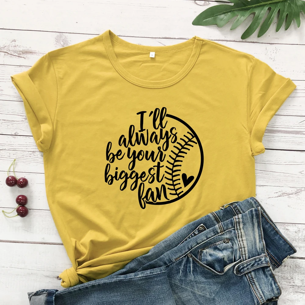 Футболка с принтом Бейсбольного мяча «I'll Always Be Your Big Fan», забавные летние футболки с рисунком Tumblr, подарок на день игры для мамы и фаната - Цвет: mustard-black text