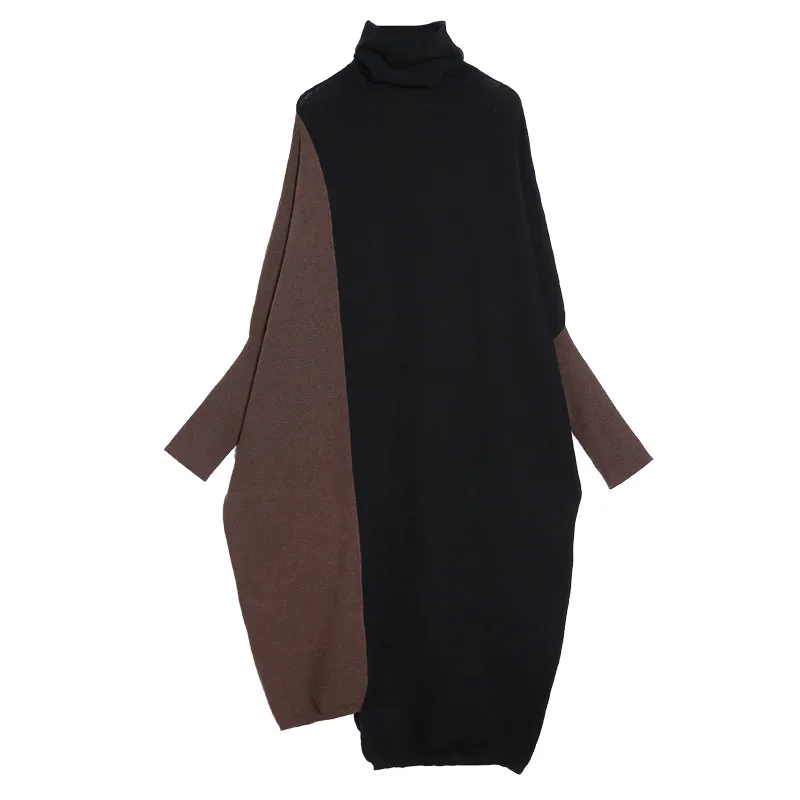 Spring Women Knitted Oversize Dress Loose Fit Turtleneck Long Sweater Contrast Color Patchwork Pullover Bawing Sleeve Clothes Spring Women Knitted Oversize Dress Loose Fit Turtleneck Long Sweater Contrast Color Patchwork Pullover Bawing Sleeve Clothes