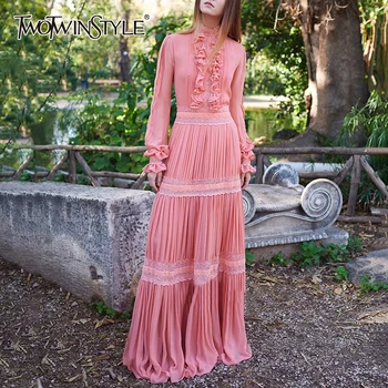 

TWOTWINSTYLE Patchwork Ruffles Pleated Dresses Women Turtleneck Flare Sleeve High Waist Maxi Dress Female 2019 Fashion New