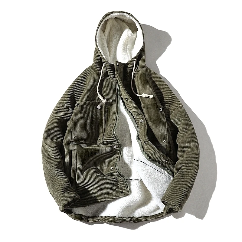 Army green Зимняя Вельветовая куртка, Мужская теплая Толстая парка, Мужская модная хлопковая куртка с капюшоном, Мужская Ретро куртка из овечьей шерсти, Мужская одежда, S-4XL - Цвет: Army green