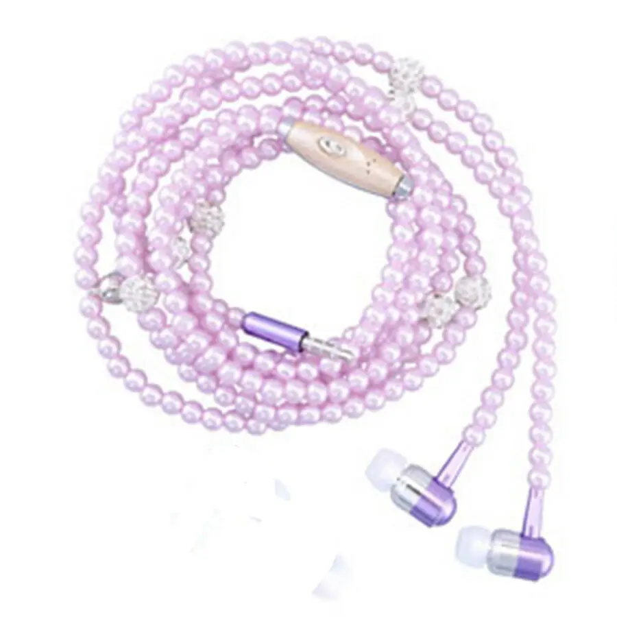 Pearl Necklace Earphones Rhinestone Jewelry With Mic Headset Line Type Earpiece For Iphone Xiaomi Huawei Connect To Audio Device