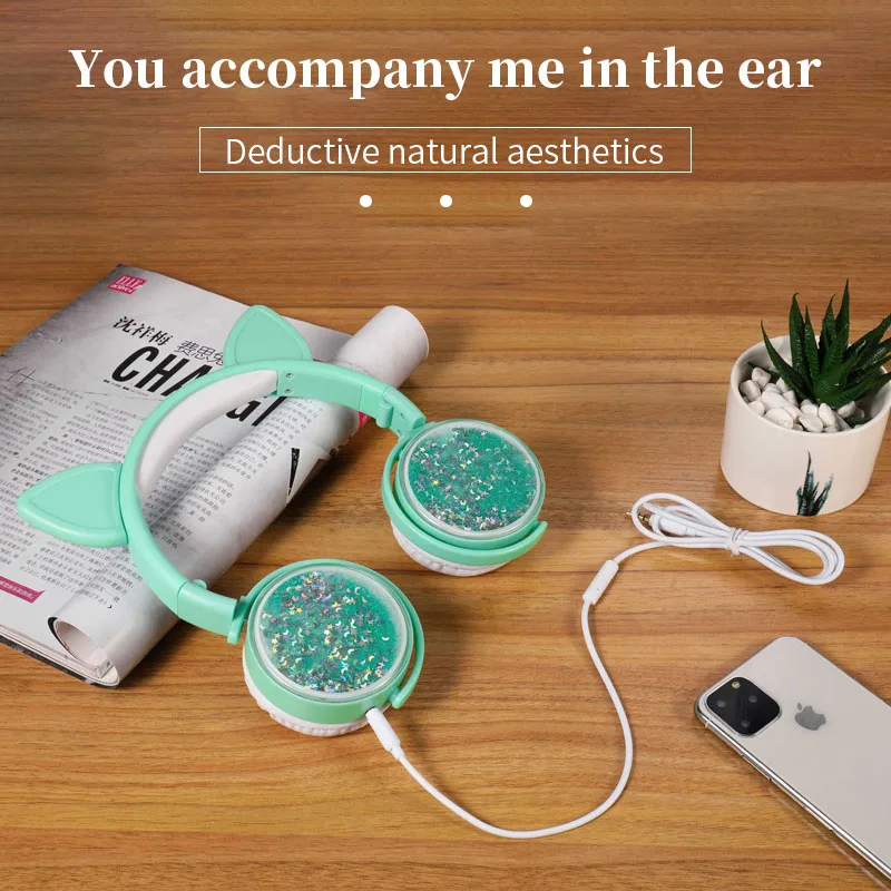 Quicksand Glitter Wired Headphone Portable Student Child Cat Ear Headphones for Xiaomi Samsung 3 5mm Jack PC Phone Headset