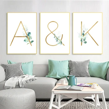 

Eucalyptus Leaf Print Wedding Monogram Alphabet Watercolor Painting Wall Art Canvas Poster Gift for bridal Couple Nursery Decor