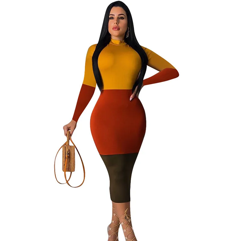 

Women's Elegant Bodycon Midi Dress 2019 Autumn Winter Color Block Patchwork Turtleneck Long Sleeve Slim Casual Party Dresses