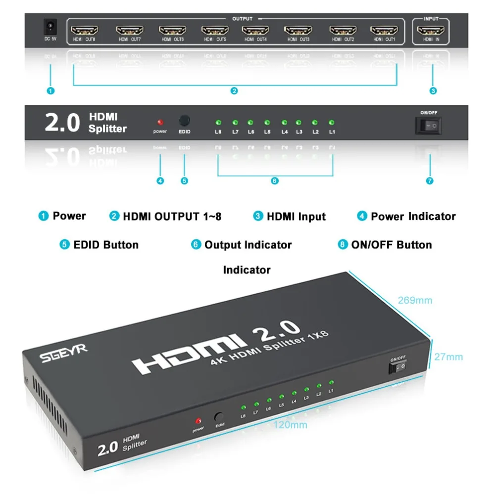 4K HDMI сплиттер 1x8 2,0 HDCP 2,2 18 Гбит/с HDMI сплиттер конвертер 1 вход 8 выход(4:4:4) Ultra HD Full 3D HDR с переключателями EDID