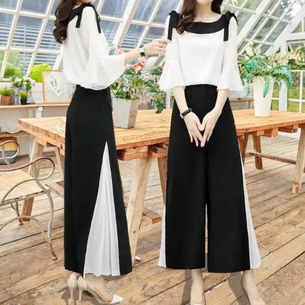 

2019 Summer Set New Wide Leg Pants Chiffon Suit Two Piece Set Women Chiffon Flare Blouse And Skirt Pant Suits Sets AE353