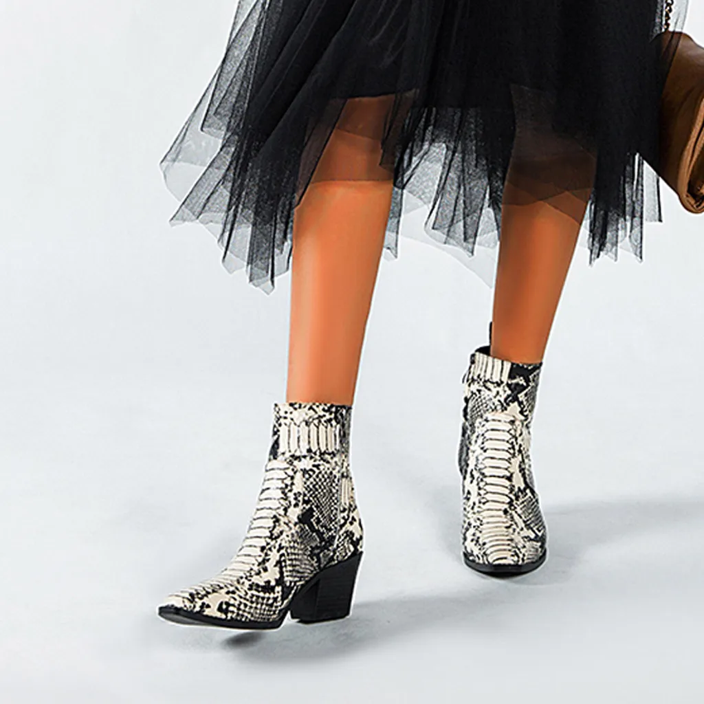 

SAGACE Western Boots Snake Print PU Leather Women's Ankle Boots High Heel Boots Winter Pointed Toe Botas Mujer