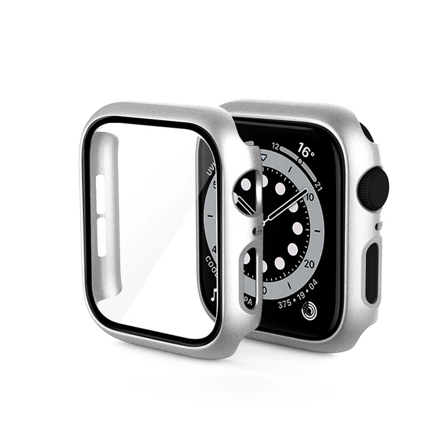 Glass+Case for iWatch Case Cover for Apple Watch Case 45/41mm 44mm 42mm 40mm 38mm Series 7 6 5 4 3 2 1 SE Protector Accessories Sliver