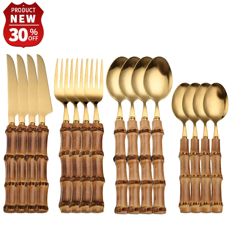 16 24PCS Creative Bamboo Handle Stainless Steel Tableware With Steak Knives Flatware Knives Set Includes Dessert Spoon Forks