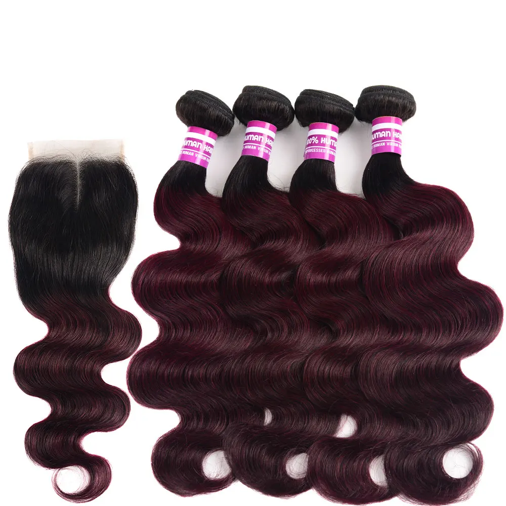 

T1B 99j Colored Roots Brazilian Hair Weave Bundles And Closure Burgendy Remy Human Hair Extension Ombre 3/4 Bundles With Closure