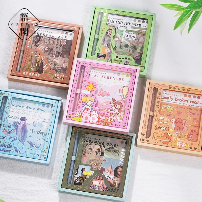 

50 Sheets/pack Washi Paper Sticker Set Hand Account Magazine Series Hand-painted Cartoon Material Decorative Stickers