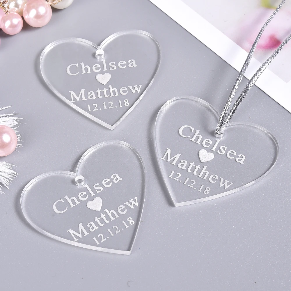 

10Pcs * Personalized Engraved Heart Wedding Tags Clear Baptism Tag Party Gifts Baby Shower Decoration Favor Name Tags Favors