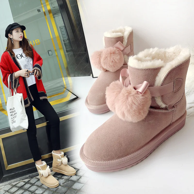 

2018 New Style Snow Boots Women's Winter Reversible Cowhide Short Boots Women's Genuine Leather Furry Ball Bread Cotton-padded S