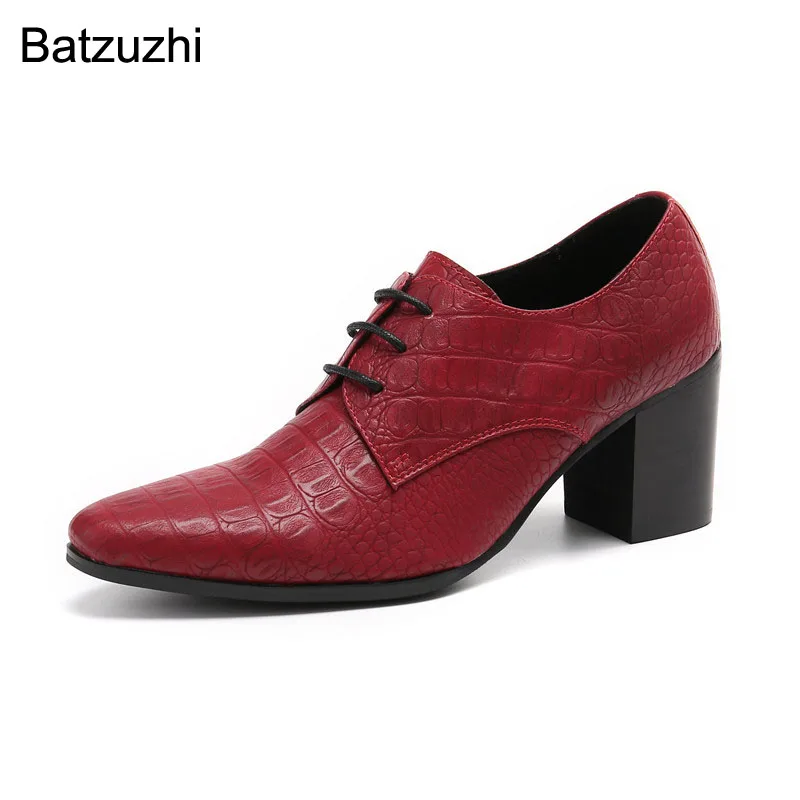 Batzuzhi Shoes Men 7.5cm High Heels Pointed Toe Brown Genuine Leather Dress Shoes Men Lace-up Fashion Party Shoes Zapatos Hombre