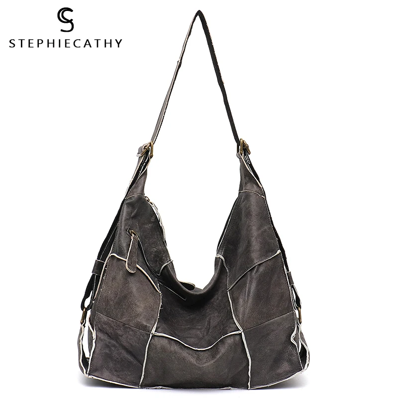 cheap SC Retro Leather Shoulder Bag for Women Large Vintage Genuine Leather School Girl Messenger Bags Patchwork Causal Knapsack