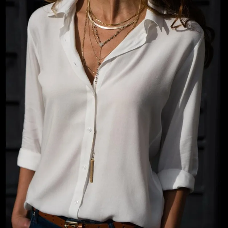 Casual Loose Women Blouse Shirts 2019 Autumn Basic V Neck Plus Size Blouse Long Sleeve Buttons White Shirt Women Tops Clothing