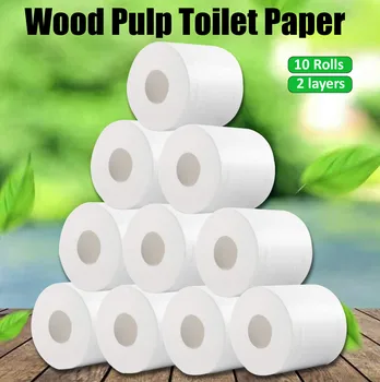 

10 Rolls Toilet Paper Primary Wood Pulp Soft Strong 2-Ply Tissue Cotton Roll Paper Household Towel Tissue Bathroom