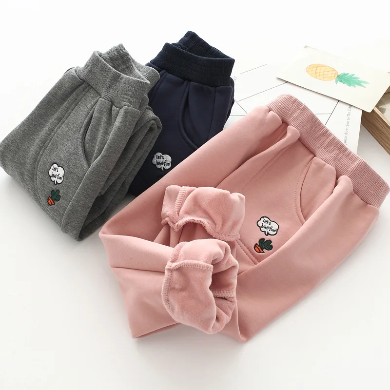 Pocket Cactus Embroidered Children's Pants Winter Velvet Warm Leisure Pants Children's Clothing Wholesale