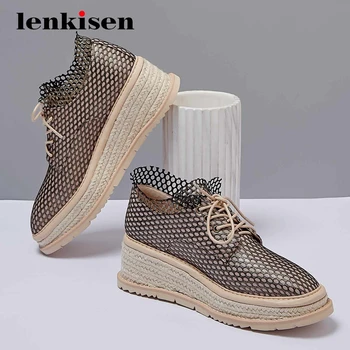 

Lenkisen leisure straw wedges thick bottom deep mouth maiden square toe high heel lace up platform vintage gentlewomen pumps L08