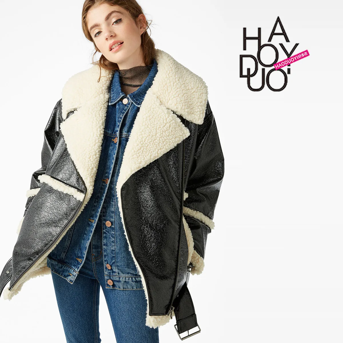 Haoduoyi Europe And America Sweet Faux Cashmere Large Lapel Fur Collar Leather Stitching Oblique Zip-up Jacket