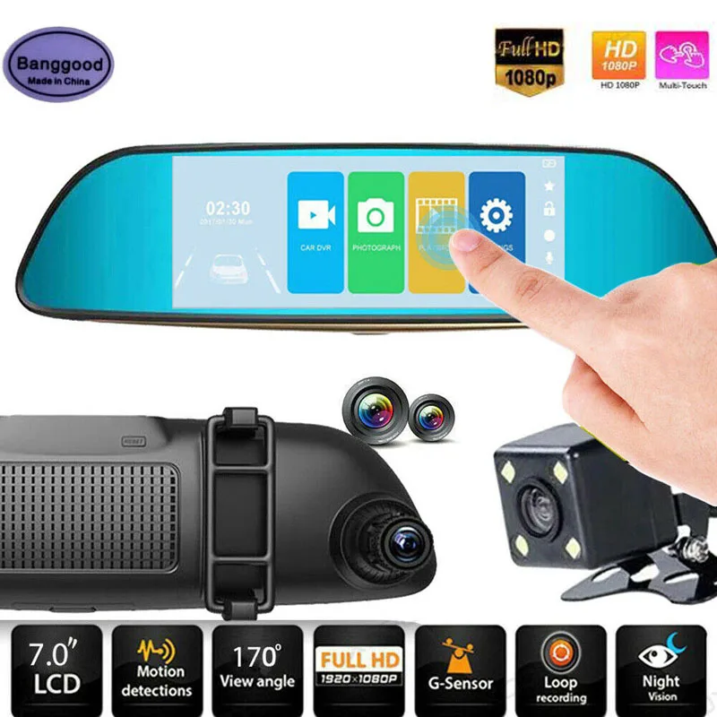 7 inch HD Dual Lens Car DVR Dash Cam Front and Rear Mirror Camera Video Recorder 