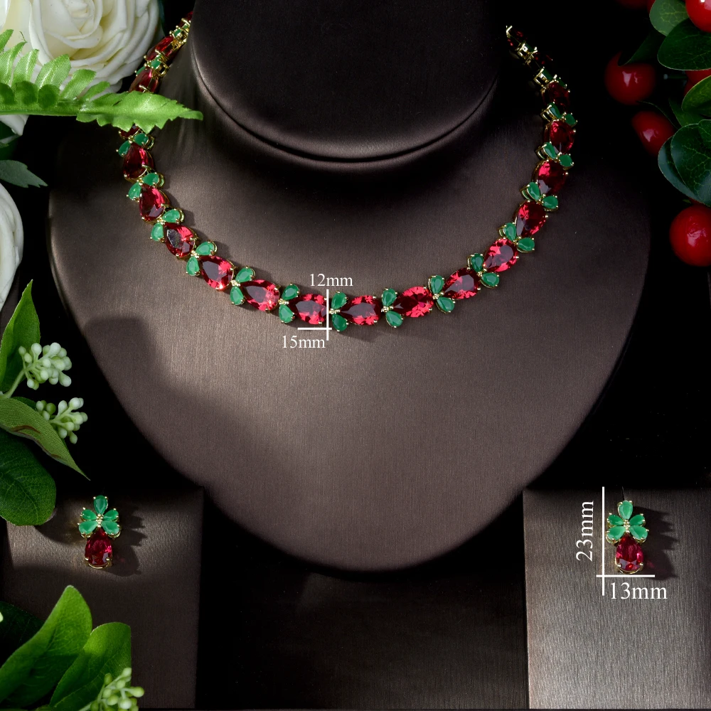 Hiневесты капли воды зеленый красный набор украшений для женщин Свадебные с кубическим Цирконом обручальные серьги и ожерелье набор parure bijoux N-1076