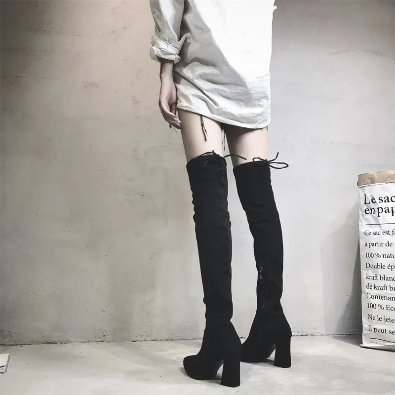 Женские ботинки; сезон осень; Эластичные Обтягивающие Сапоги выше колена; женские сапоги до бедра на высоком каблуке Зимние сапоги; женские HYKL-20170908