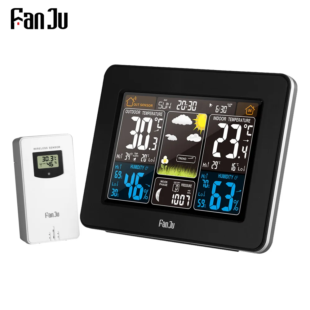 

FanJu FJ3365 Weather Station Wireless Indoor Outdoor Sensor Thermometer Hygrometer Digital Alarm Clock Barometer Color