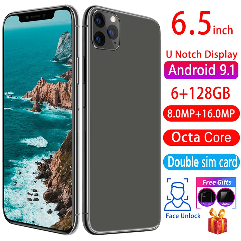 

Phone 11pro 6.5 inch HD screen Android phone FaceID 8MP + 16MP 6GRAM + 128ROM Free shipping on cheap phones smartphone