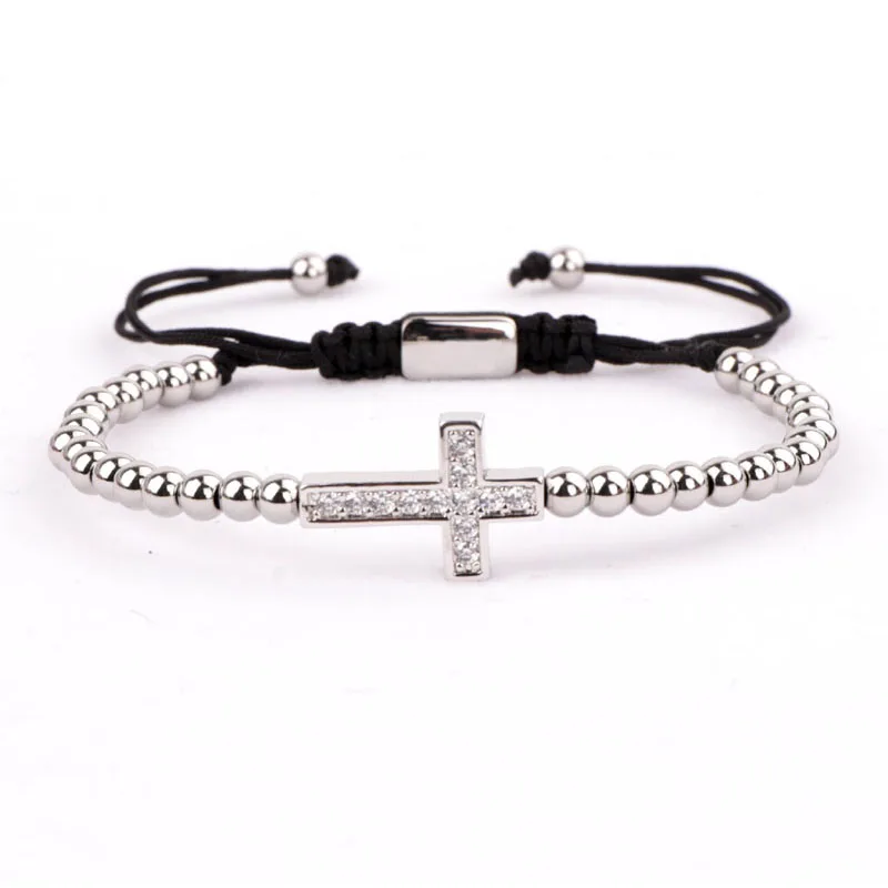 Fashion classic design small stainless steel beads CZ cross charm braided adjustable bracelet - Image 4