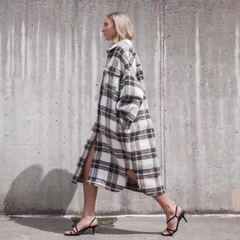 

CAMIA 2019 autumn and winter new street fashiojn hit the color plaid big pocket women loose long woolen coat shirt