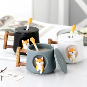 

Cute Cartoon Animal Shiba Inu Ceramic Mug Creative Men and Women Couple with Lid Spoon Drinking Water Coffee Cup