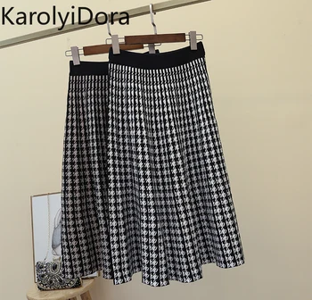 

2020 New Spring and Summer vintage stretch high waisted midi pleated Houndstooth printed knitted skirt for women Runway skirts