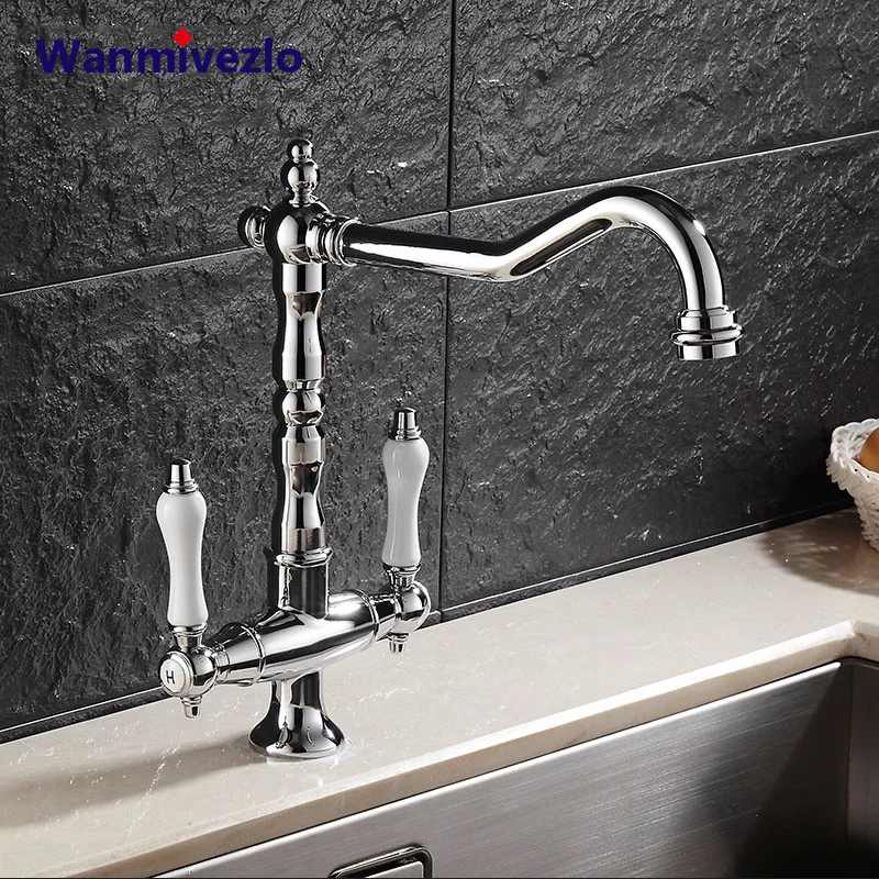 European Kitchen Faucet Plating Double Handle Faucet 360° Rotating Sink Hot And Cold Water Faucet