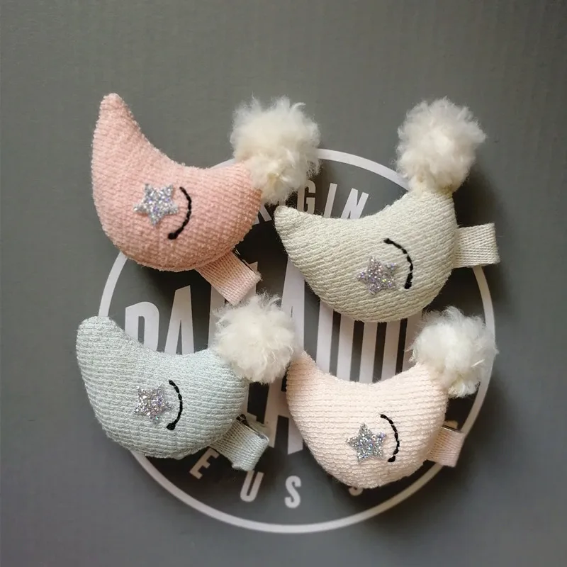 

2pcs/lot Autumn Style Knitting Moon Shape Kid Pom Hair Clip Cute Cartoon Mini Glitter Star Girls Hair Grip Hair Barrette Hair